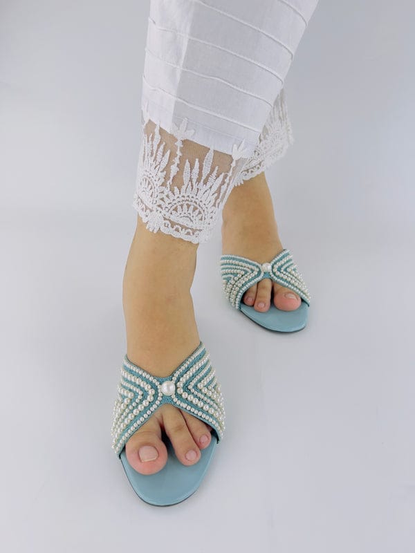 Ferozi Open Toe Hand Embroidery Pearls Decor Flat Slides - Naz Collection