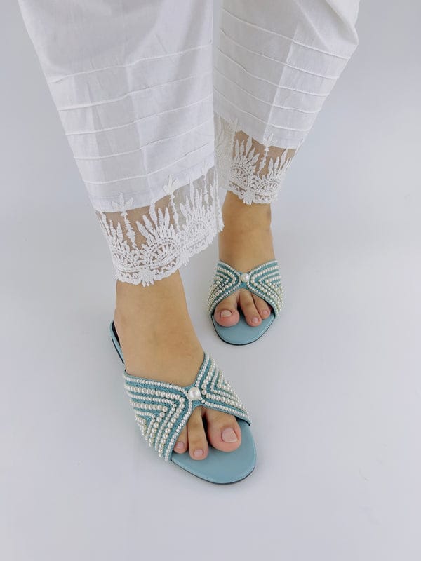 Ferozi Open Toe Hand Embroidery Pearls Decor Flat Slides - Naz Collection